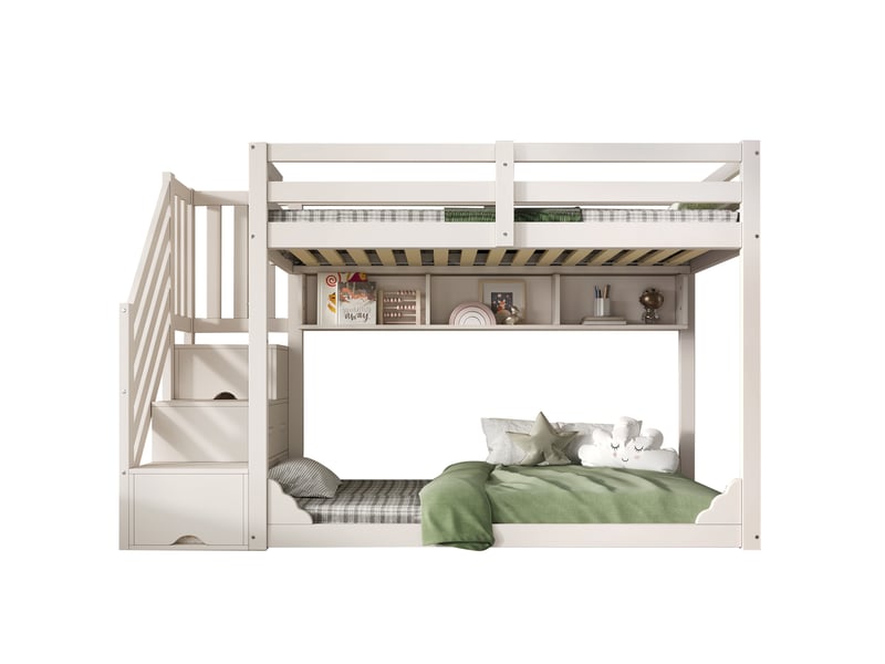  Lit superposé enfant 2 x 90x200 cm blanc avec escalier, rangements sans matelas  - Conforama A