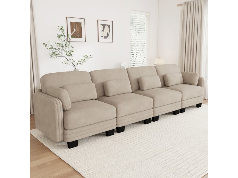 Canapé droit modulaire 4 places en chenille café clair avec coussins lombaires - Conforama E