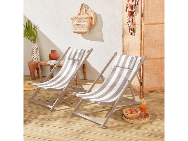 Lot de 2 bains de soleil - gaia rayures marron - transat en aluminium gris anthracite et textilene rayures marron avec coussin repose tête. Chilienne  - Conforama C