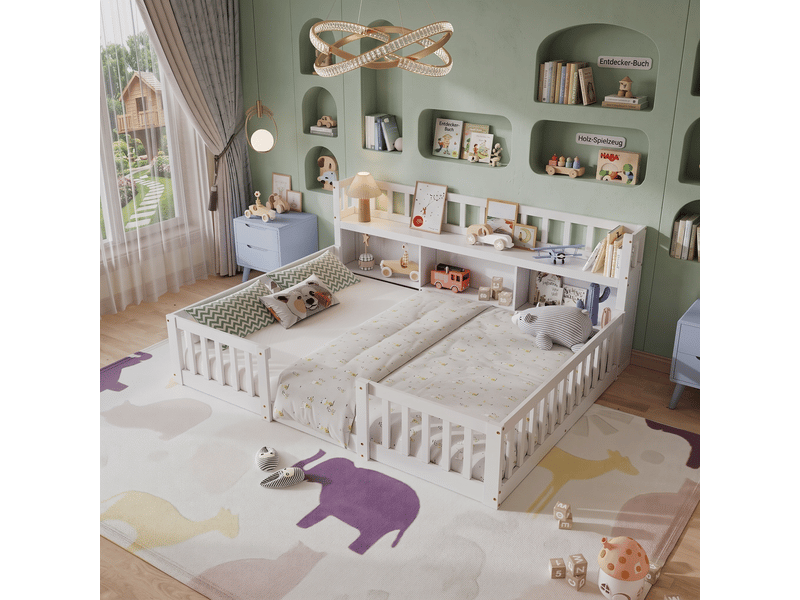  Lit enfant au sol 140 x 200 cm montessori avec barrières - tête de lit avec niches de rangement - sommier à lattes inclus - entrée ouverte basse - cadre de lit deux places ras du sol pour petite fille ou garçon pour chambre d'en…  - Conforama B