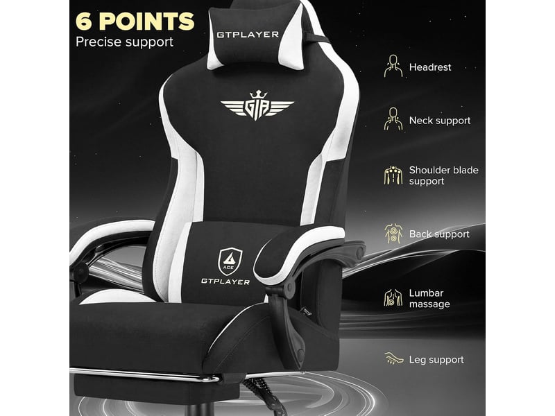 Gtplayer chaise gaming ergonomique avec soutien lombaire et dossier large - tissu noir GT831-BLK - Conforama D