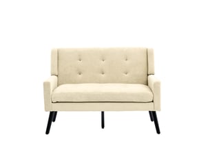 Banquette 2 places beige en lin premium, pieds bois massif antidérapants, mousse haute densité, capitonnée, salonchambrebureau