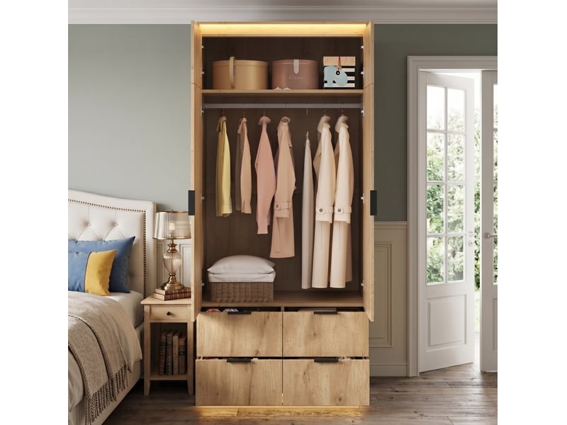  Armoire 2 portes avec miroir, 4 tiroirs, penderie et éclairage led pour chambre en mdf chêne 90 × 47 × 200 cm  - Conforama E