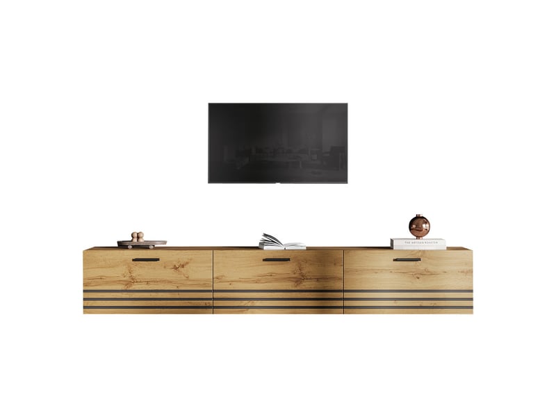  Meuble tv mural suspendu, 160 x 30 x 25,5 cm, avec 3 tiroirs et poignées, mdf et panneaux de particules, finition aspect bois  - Conforama A