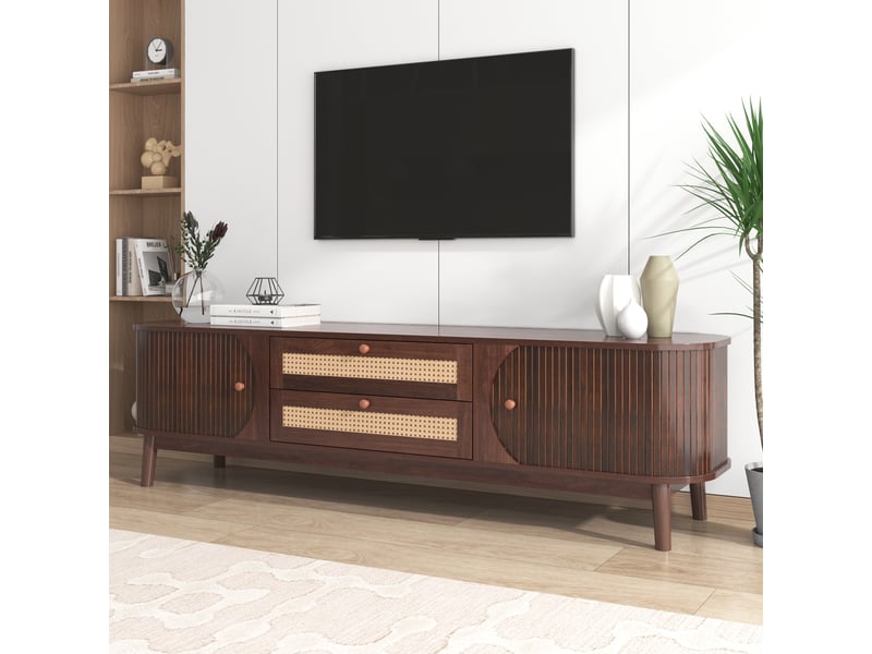 Meuble tv noyer 170 cm - tiroirs en rotin - finition noyer - portes en bois - style campagne - Conforama R