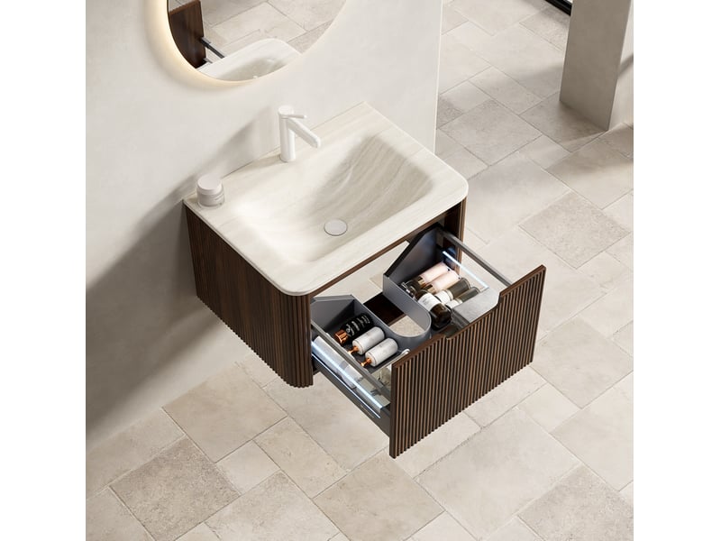  Meuble sous vasque suspendu avec lavabo intégré et tiroir led à fermeture douce pour salle de bain 60 × 46 × 36 cm  - Conforama E