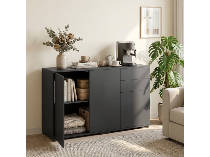  Buffet, commode, crédence, 2 tiroirs, fermeture par pression, 117 cm x 36 cm x 74 cm, noir  - Conforama D