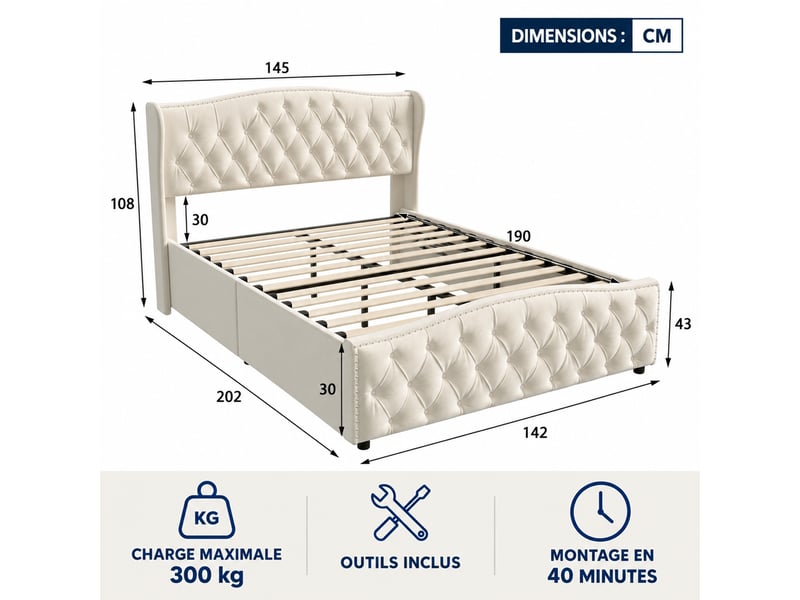  Yyxldynb lit coffre 140x190 cm avec rangememt, lit double rembourré avec sommier à lattes, cadre de lit 2 places avec tête de lit capitonnée, lit adulte, velours beige  - Conforama C