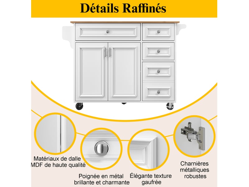  Îlot de cuisine 110x75x92 cm avec tablette pliante extensible, compartiments réglables, pour cuisine, en mdf, blanc  - Conforama D