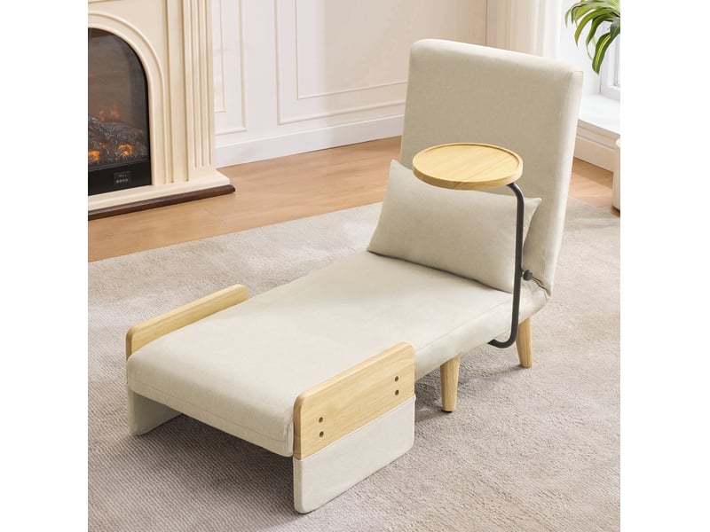  Fauteuil convertible 3-en-1 beige en tissu, tablette en bois orientable et dossier réglable sur 6 positions  - Conforama E