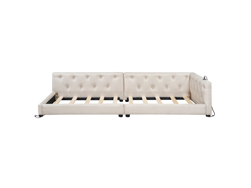  Lit de jour 90x200 banquette lit avec sommier en lin beige avec éclairage led et ports usb  - Conforama W