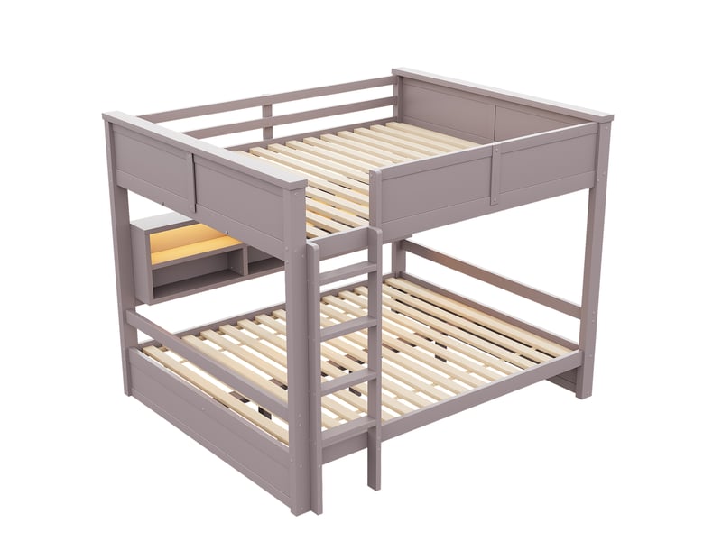 Lit superposé brun 160×200 cm, pin et mdf, 6 rangements latéraux, éclairage led intégré et garde-corps de protection - Conforama E