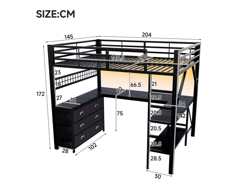 Lit mezzanine gaming en métal 140x200 cm, tiroirs, bureau, étagère, éclairage led, noir - Conforama C
