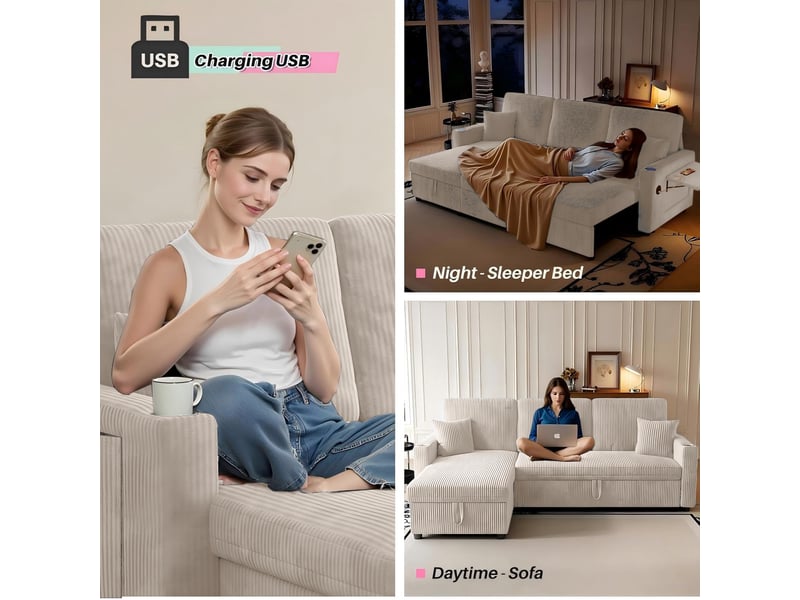  Canapé d’angle convertible,207,5x142x84,5 cm,3 places,velours côtelé,beige  - Conforama E
