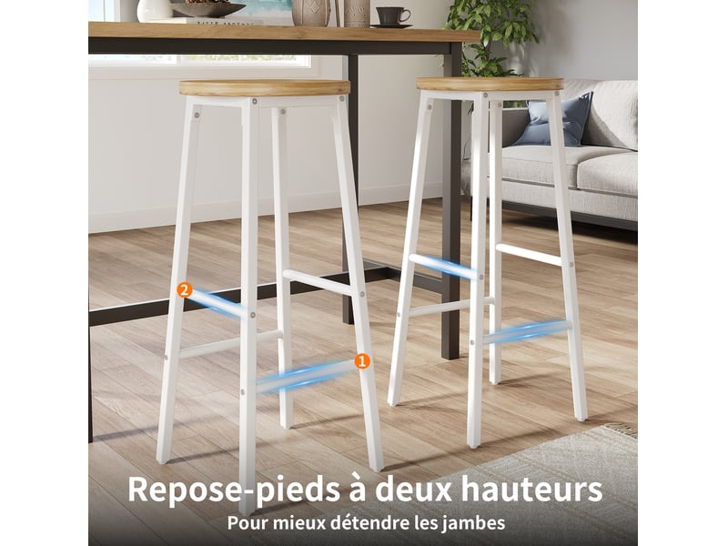  Lot de 2 tabourets de bar 30x30x70 cm, double repose-pieds, design industriel, chaise haute cuisine, mdf, métal, blanc  - Conforama D