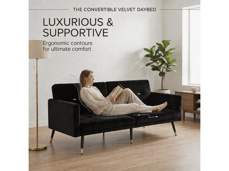  Canapé convertible, canapé-lit, noir, dossier réglable, 2 en 1, pour salon, mobilier pour espace de vie, chambre  - Conforama E