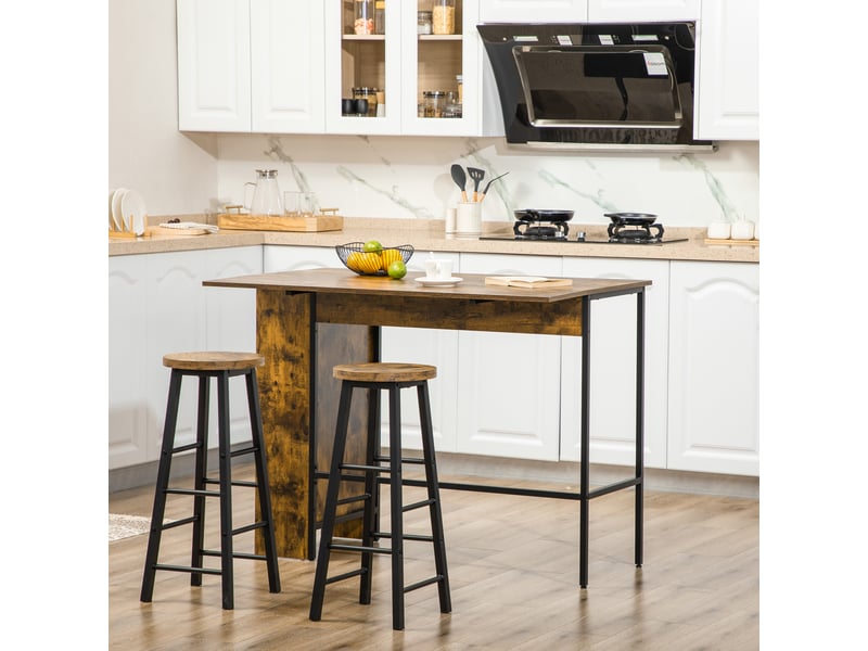  Ilot centra table de bar plateau rabattable  latéral et 3 étagères 120 x 76 x 91,4 cm brun rustique  - Conforama D
