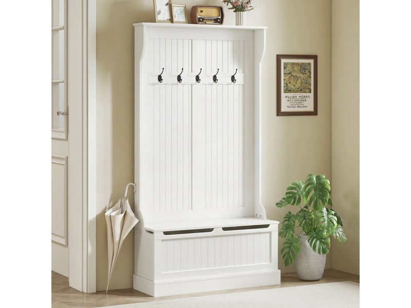  Meuble d'entrée avec banc porte manteaux 3 en 1 5 crochets banc de rangement pour salon couloir crème 96 x 34 x 179,7 cm  - Conforama A