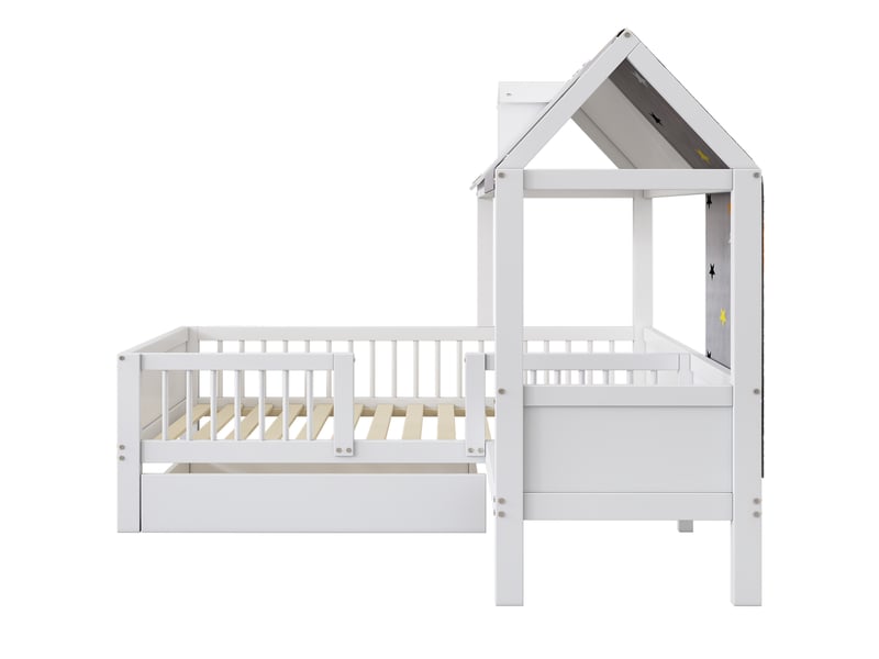  Lit cabane en bois massif, lit simple avec tiroirs et rangement, 90x200 cm, pour enfant, sans matelas, blanc  - Conforama E
