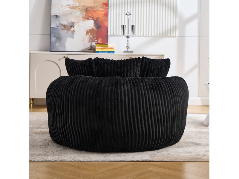  Fauteuil avec pouf rond sans pieds, dossier enveloppant, accoudoirs et cinq coussins en chenille noir  - Conforama C
