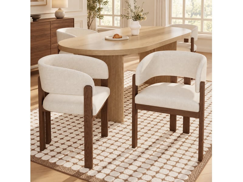  Lot de 6 chaises de salle à manger avec accoudoirs, tissu bouclé beige, coloris noyer  - Conforama B
