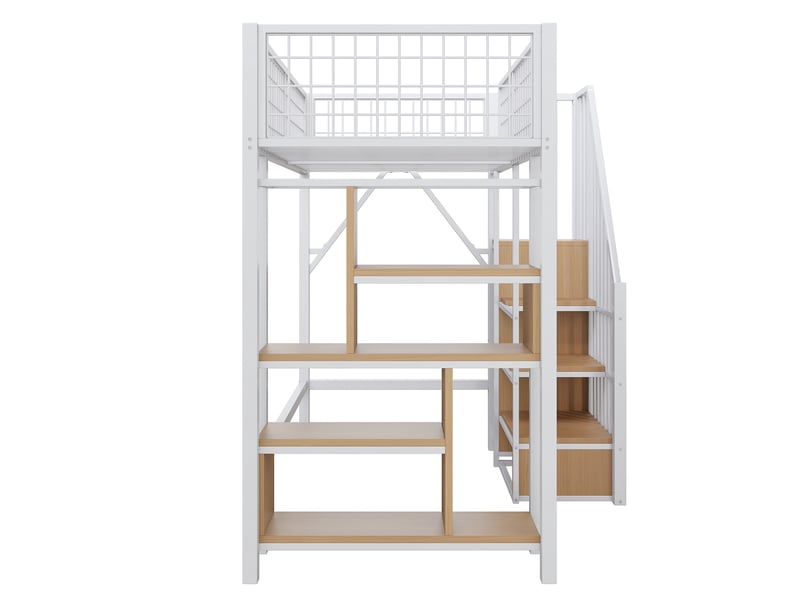 Lit mezzanine en métal blanc 90x200 cm, lit avec escalier et rangement intégré, structure robuste pour chambre adulte et enfant. - Conforama E