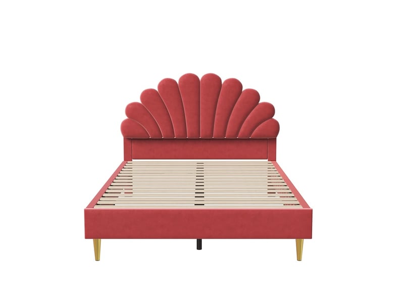 Lit 140x200cm - lit double 140x200cm - lit rembourré en velours avec tête de lit design coquillage et sommier - bordeaux - Conforama A