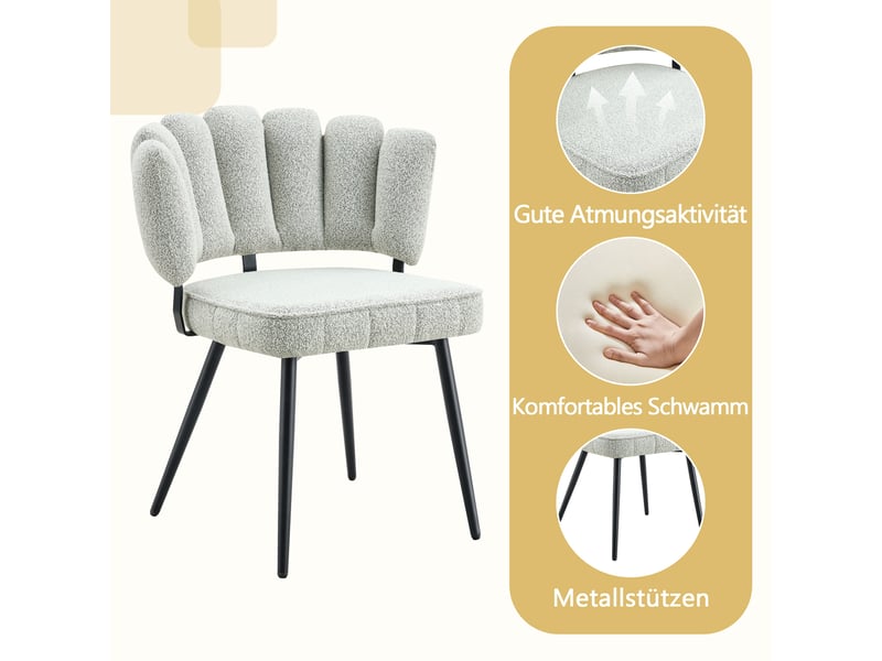  Ensemble table à manger extensible avec 4 chaises, table blanche avec rangement et fauteuils rembourrés en tissu bouclé  - Conforama D
