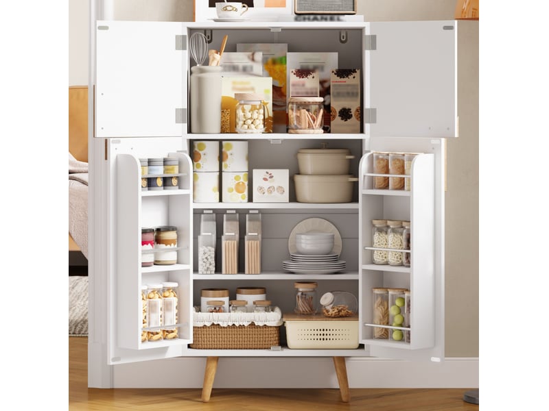  Buffet de cuisine haut avec 4 portes, étagères réglables et rangements de porte, pour cuisine, en mdf blanc, 60 × 35 × 120 cm  - Conforama C
