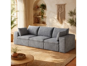 Canapé modulable 3 places 260 cm en velours côtelé gris, assise en mousse, housses amovibles, sans montage