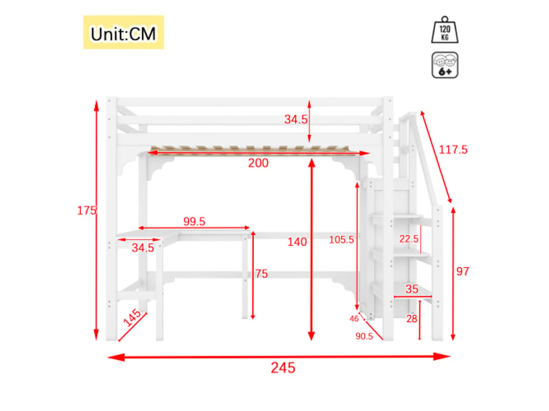  Lit mezzanine 140x200 cm coloris blanc pin lit enfant blanc - Conforama C