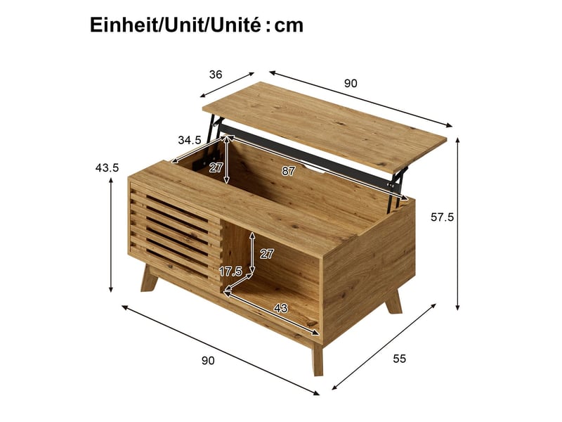 Table basse relevable plateau réglable en hauteur porte persienne coulissante aspect bois structure en mdf design rétro moderne usage multifonction - Conforama C