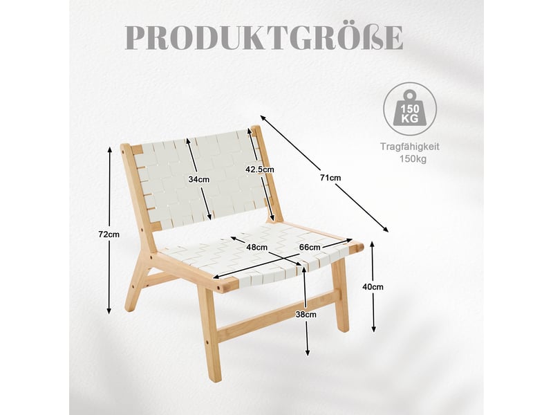 Fauteuil sans accoudoirs tressé à motif damier, assise basse confortable et structure en bois pour salon, pu blanc - Conforama D