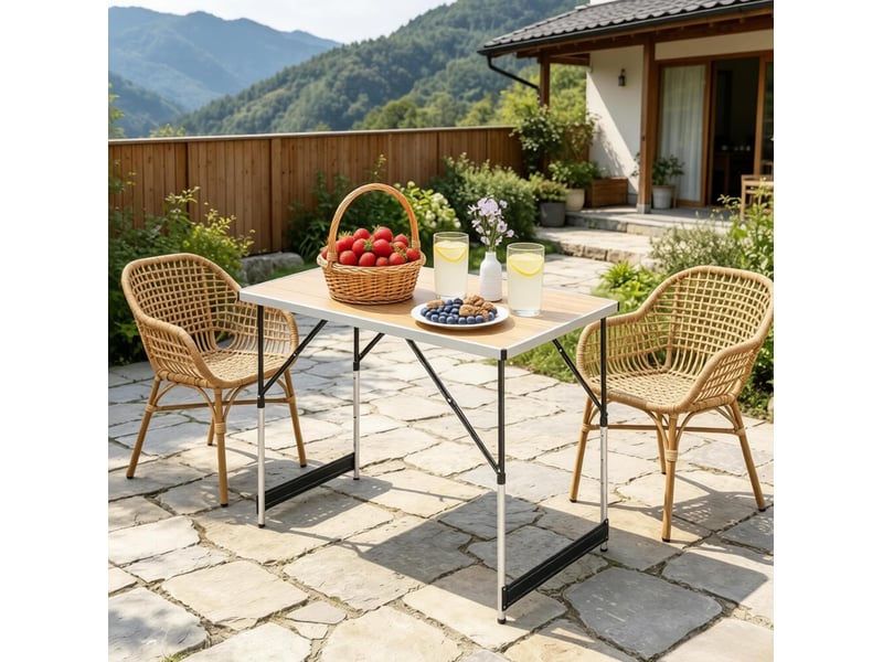  Table de camping pliante ulevr à hauteur réglable, 100 x 60 cm, 4 hauteurs de 73 à 94 cm, plateau mdf, structure en aluminium, chêne clair  - Conforama E