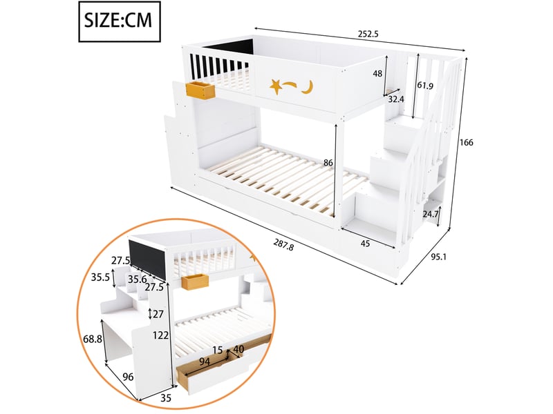  Lit superposé enfant 90x200 cm, 2 tiroirs inclus, bureau, escalier avec rangement, bois et mdf blanc  - Conforama C