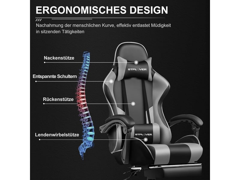  Gtplayer chaise de jeu ergonomique avec repose-pieds, réglable en hauteur - similicuir gris GT800A-GY - Conforama D
