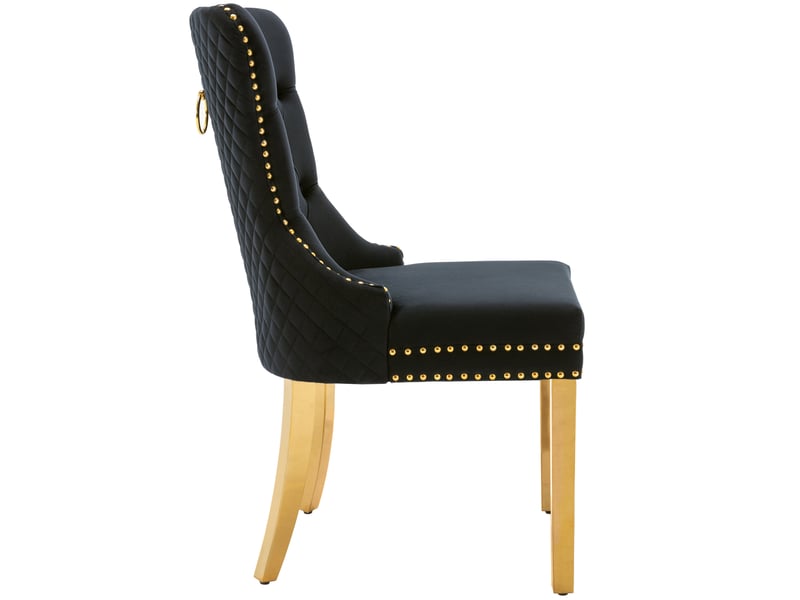  Lot de 4 chaises de salle à manger en velours noir, pieds inox doré et dossier avec anneau décoratif  - Conforama D
