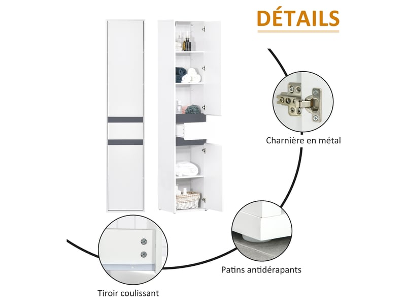 Meuble colonne rangement salle de bain placards 3 style contemporain 2 étagères et tiroir coulissant panneaux particules blanc  - Conforama W