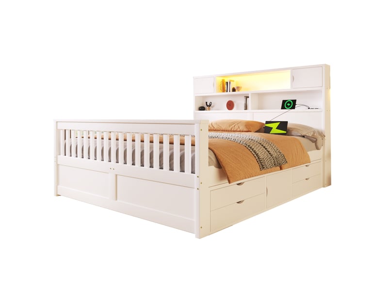 Lit avec rangement 160x200 cm blanc avec led, usb, rangements et 4 tiroirs - Conforama A