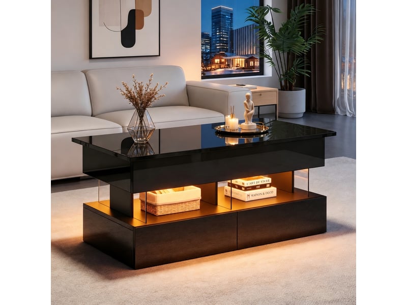  Table basse relevable avec deux tiroirs et éclairage led, 100 x 50 x 46 cm, noir brillant  - Conforama B