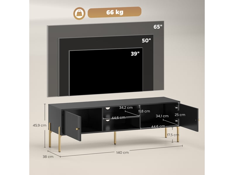  Meuble tv design - 2 portes, 2 niches - piètement poignées métal doré façade rainurée noir  - Conforama C