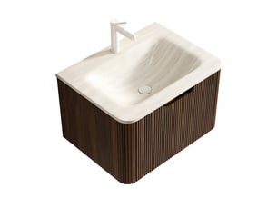 Meuble vasque suspendu 60 cm, vasque intégrée en pierre frittée effet travertin, noyer