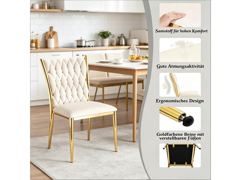  Lot de 2 chaises de salle à manger en velours blanc crème et métal doré  - Conforama D