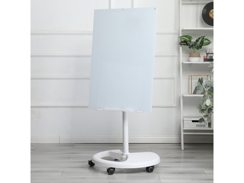 Tableau blanc magnétique en verre trempé 90x60 cm sur roulettes, hauteur réglable - Conforama B