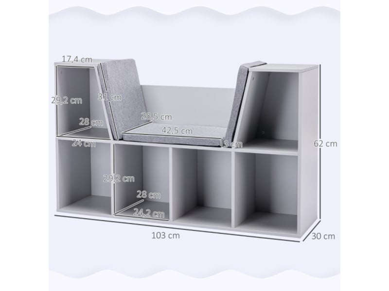  Banc coffre enfant gris, bibliothèque 6 compartiments, 3 coussins, rangement jouets, 103x30x62 cm, dès 3 ans  - Conforama C