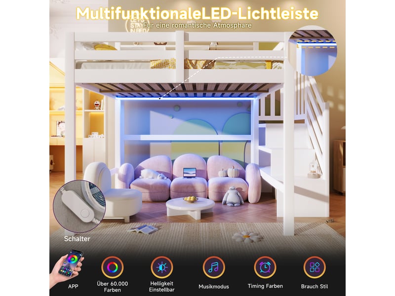  Lit mezzanine 140x200cm avec led, grand rangement sous le lit, échelle étagère, sans matelas, blanc fixe  - Conforama E
