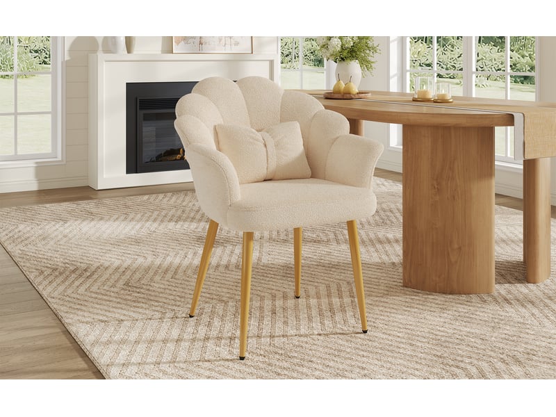 Fauteuil crapaud moderne 64x65 5x85 cm beige bouclette assise rembourrée avec coussin nœud et pieds métal dorés pour chambre et salle à manger evarich - Conforama D