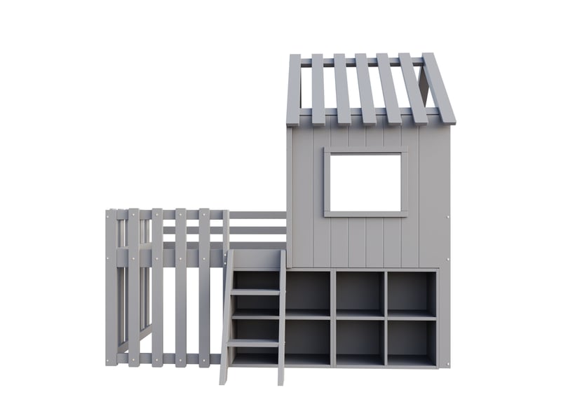 Lit mezzanine enfant 90x200 cm – gris – maison avec toit, fenêtre et rangements mobiles – sans matelas - Conforama D