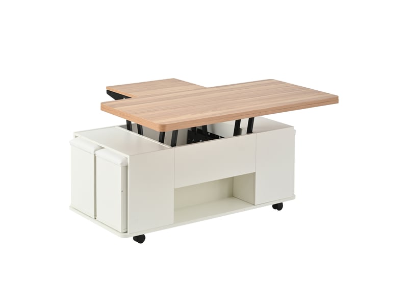  Table basse relevable avec tiroir, 4 tabourets et roulettes pour salon 100×50×45 cm blanche et bois naturel  - Conforama D