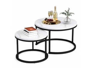 Table basse gigogne ronde avec 2 plateaux, structure métallique, style moderne, pour salon, finition marbre blanc